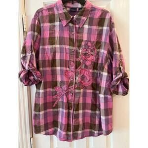 Westbound Womans 3X Plaid Applique Sequin Adorned Button Front Blouse Floral